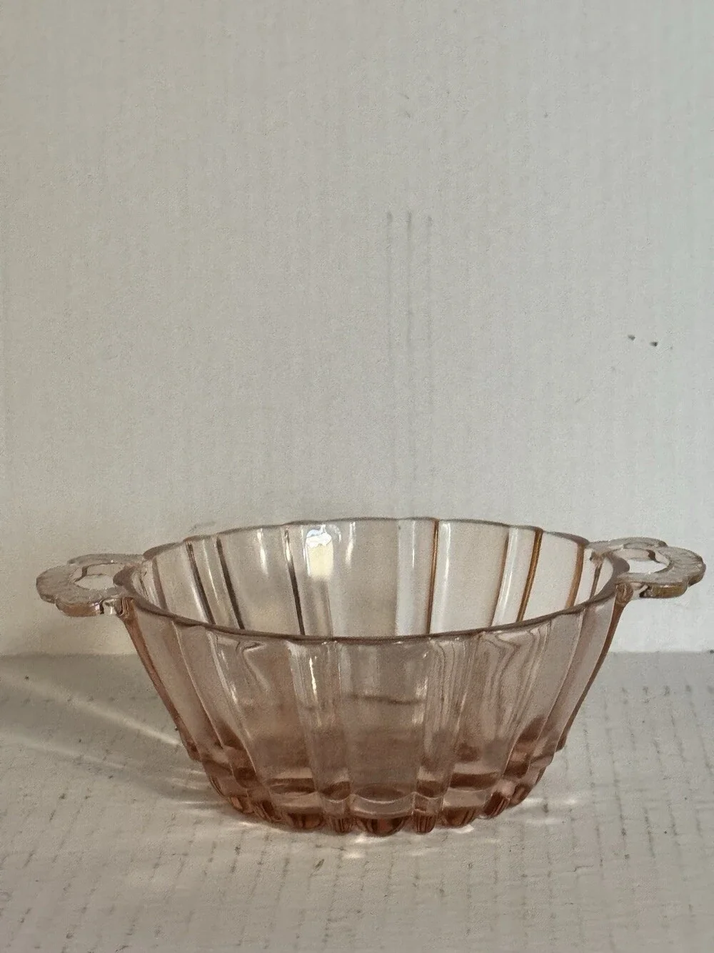 Vintage Pink Depression Glass 2 Handle Bowl Ribbed Scalloped Candy Serving Dish